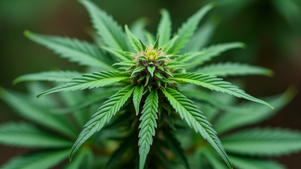 Cannabis plant with healthy green leaves and budding center, highlighting the natural presence of pine terpene in cannabis growth.