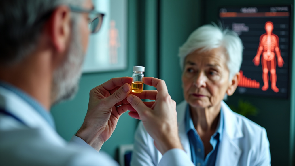 Doctor examining a vial with a patient, representing the potential medical applications of pine terpene in consultations.
