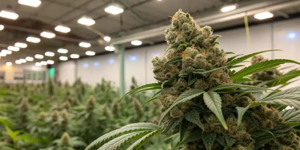 Pineapple CBD Auto plant with thick, frosty colas growing under LED lights in a professional indoor cultivation facility