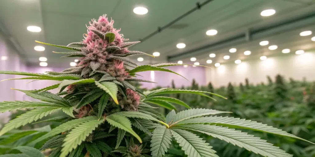 Close-up of a pink cannabis bud with frosty trichomes under artificial grow lights in an indoor setting.