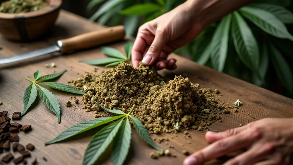 Hands breaking apart crushed Grabba leaf on a wooden table, surrounded by cannabis leaves, emphasizing What is Grabba?