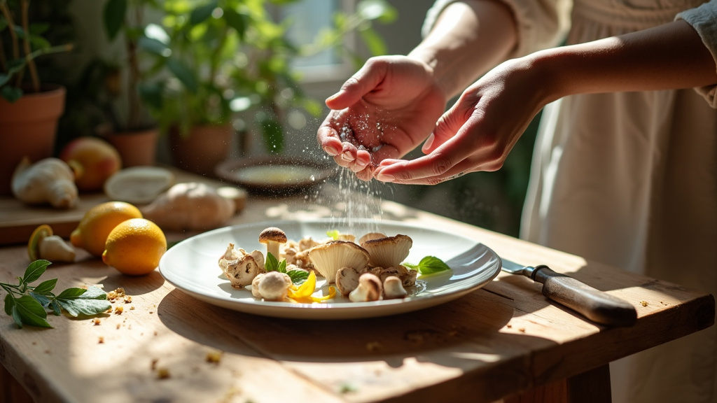 Hands preparing mushrooms on a plate, highlighting the use of mushrooms for culinary or tea purposes.