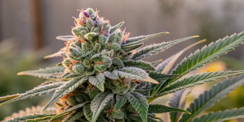 Cannabis bud with purple accents, covered in resin and illuminated by natural light.