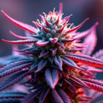 Close-up of a cannabis bud with vibrant purple hues, illustrating the role of anthocyanins in coloration.