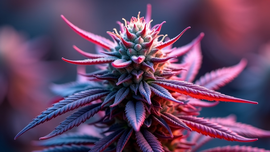 Close-up of a cannabis bud with vibrant purple hues, illustrating the role of anthocyanins in coloration.