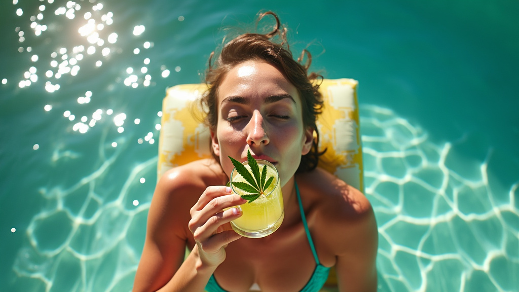 Woman floating on a pool lounger, sipping a cannabis-infused drink with a cannabis leaf garnish, enjoying a sunny day.