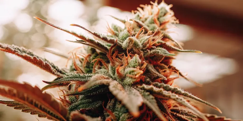 Resin-coated cannabis bud with orange pistils and green leaves under soft lighting.