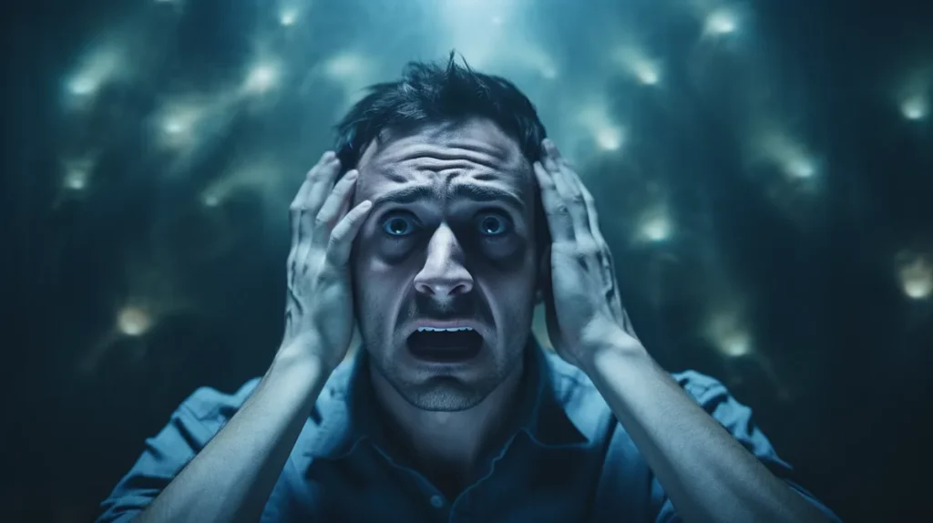 Man experiencing intense emotions with hands on his face, representing the potential psychological effects of psychedelic mushroom tea.