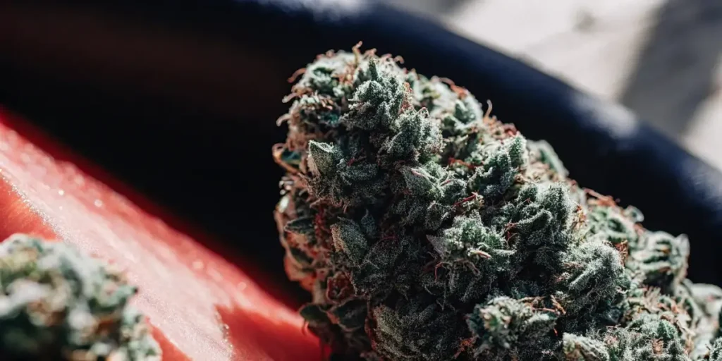 A detailed close-up of Skywalker cannabis buds with frosty trichomes and dark green leaves.