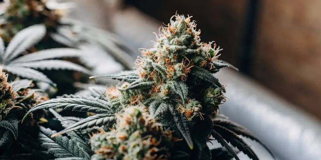 Close-up of a Skywalker cannabis plant with dense, resin-covered buds.