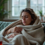 A woman wrapped in a blanket, looking uncomfortable while experiencing flu symptoms on a couch.