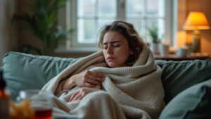 A woman wrapped in a blanket, looking uncomfortable while experiencing flu symptoms on a couch.