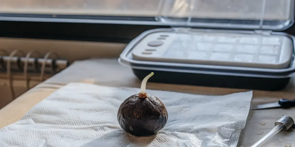 Hyper-realistic close-up of a germinating cannabis seed with a white root, on a paper towel, near a clear germination tray.