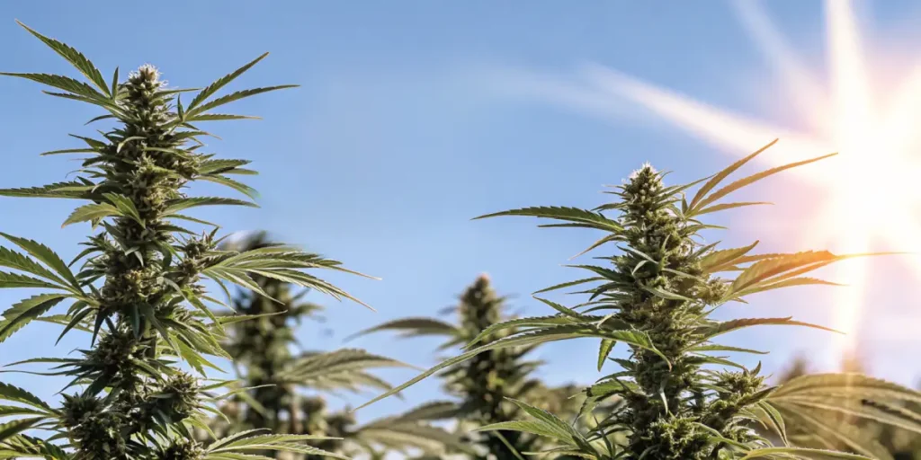 Hyper-realistic illustration of energizing cannabis plants with dense buds thriving under bright sunlight in an outdoor field.