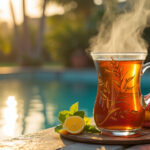 A cup of herbal tea with a lemon by a in the warm glow of the sun.
