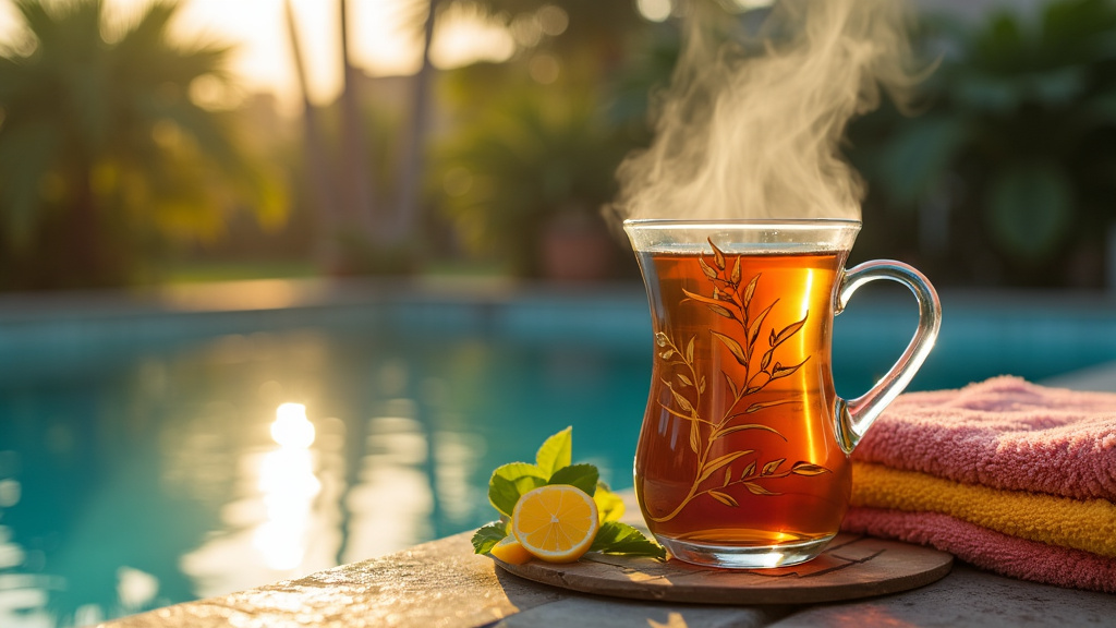 A cup of herbal tea with a lemon by a in the warm glow of the sun.