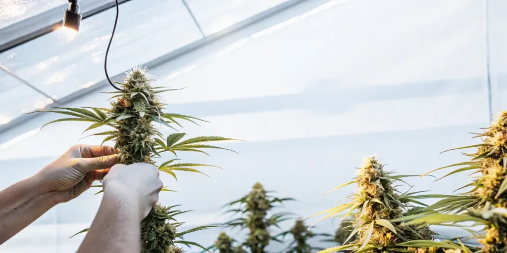 Hyper-realistic scene: hands tending to cannabis plants with dense buds under a bright greenhouse roof.