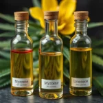 Three glass bottles labeled 'Myrcene' and 'Limonene' with cannabis leaves in the background