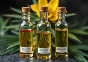 Three glass bottles labeled 'Myrcene' and 'Limonene' with cannabis leaves in the background