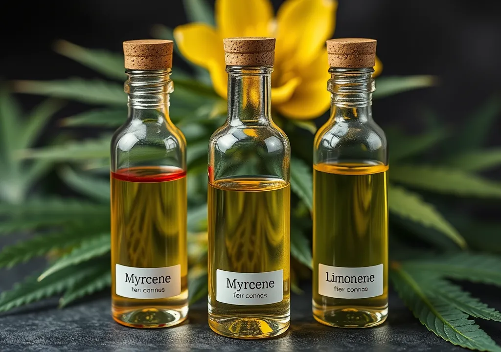 Three glass bottles labeled 'Myrcene' and 'Limonene' with cannabis leaves in the background