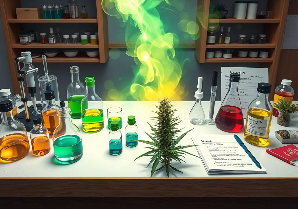 A laboratory setup with various colorful chemical bottles, test tubes, and a cannabis plant on the table, symbolizing scientific research into terpene composition and cannabis strains.