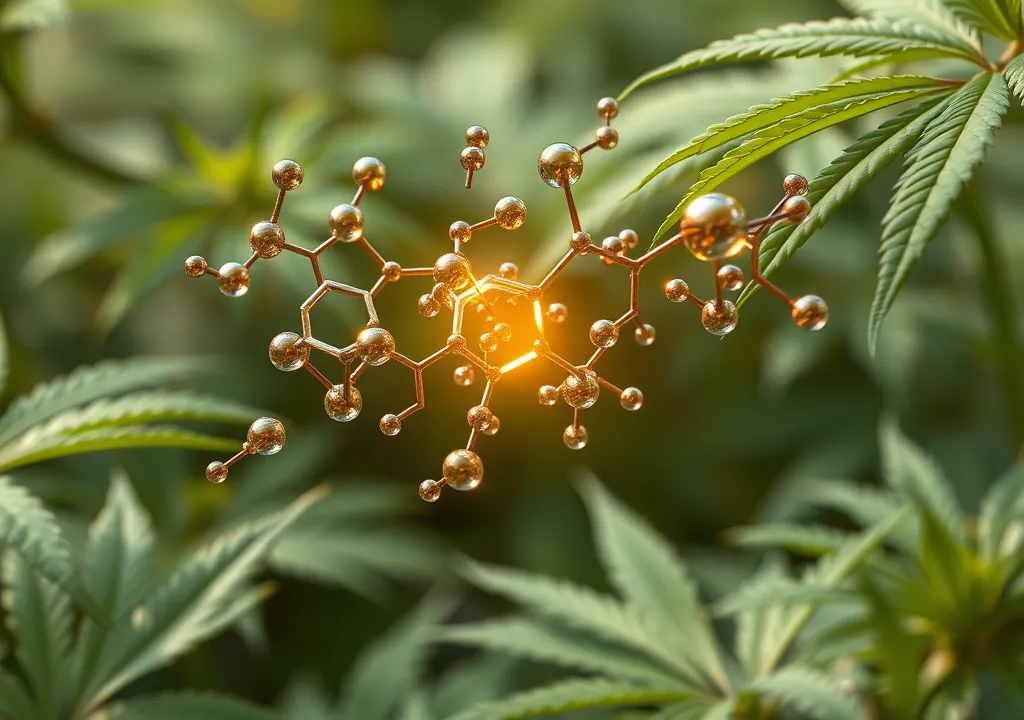 A digital representation of a terpene molecule with a glowing effect, set against a background of cannabis plants. The molecular structure showcases how terpenes interact within cannabis plants.