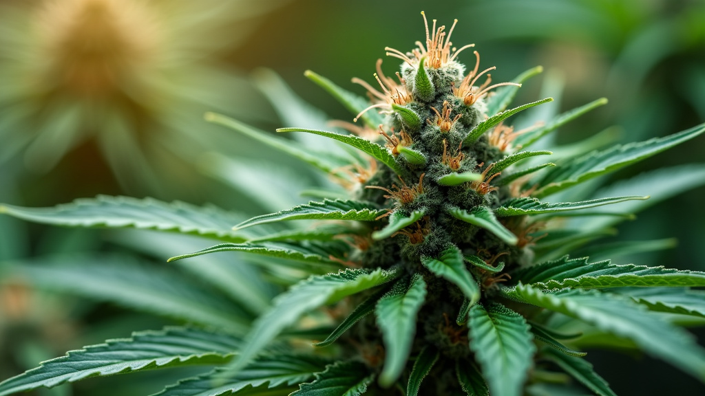 Cannabis plant with lush green foliage, highlighting the terpinolene terpene presence, which adds a fresh aroma to the buds.