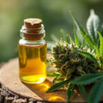 A glass vial of terpinolene terpene oil next to a fresh cannabis bud with vibrant green leaves on a wooden surface.