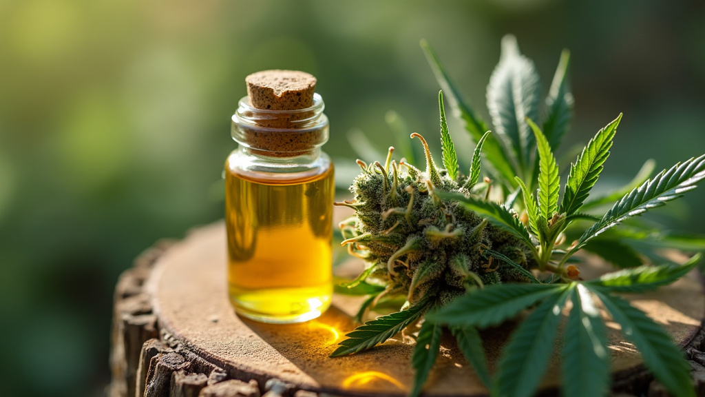A glass vial of terpinolene terpene oil next to a fresh cannabis bud with vibrant green leaves on a wooden surface.