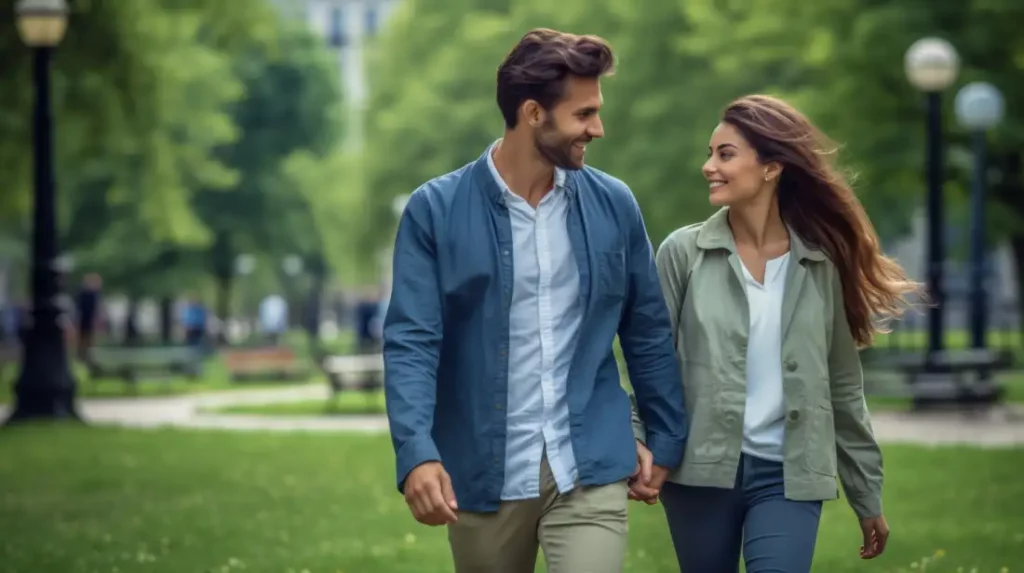 Smiling couple holding hands while walking in a lush green park, representing the relaxing effects associated with the best THCA flower.