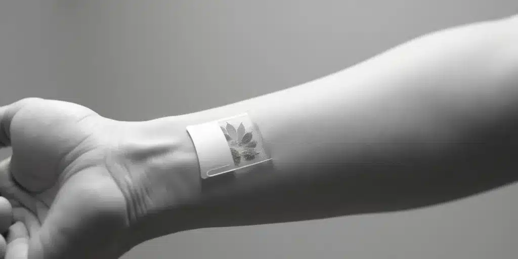 Transdermal cannabis patch placed on a forearm, providing sustained delivery of cannabinoids for effective pain and stress relief.