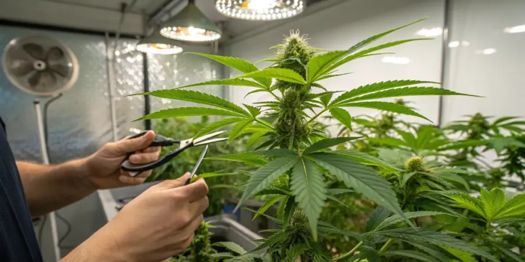 Hands using scissors to prune an autoflower cannabis plant in a grow room, with a fan and lights visible.