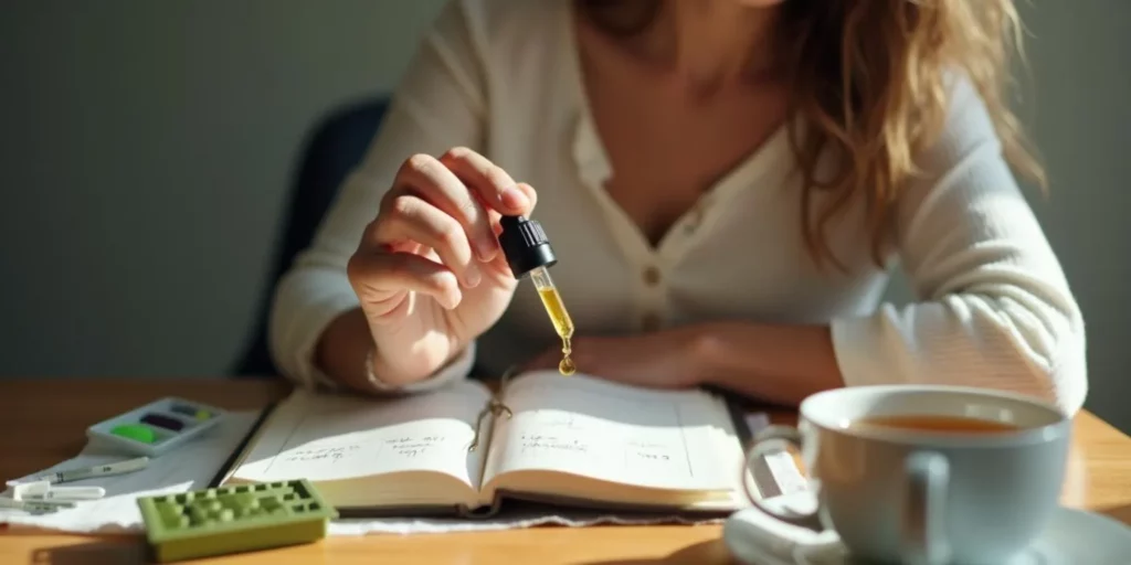 Woman using a dropper to microdose weed with cannabis oil while journaling her dosage and effects.