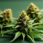 Close-up of mids weed cannabis buds with bright green color and orange pistils.