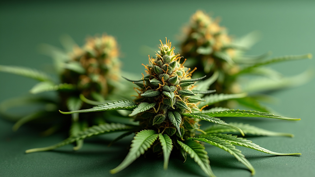 Close-up of mids weed cannabis buds with bright green color and orange pistils.