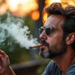 A man enjoying a smoke with a grabba blunt wrap in an outdoor setting, capturing the essence of Caribbean culture.