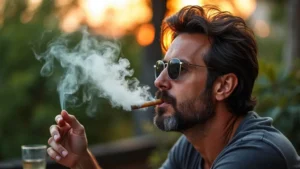 A man enjoying a smoke with a grabba blunt wrap in an outdoor setting, capturing the essence of Caribbean culture.