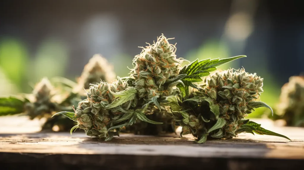 Close-up of best THCA flower buds on a wooden surface, showcasing frosty trichomes, vibrant green leaves, and orange pistils in natural light.