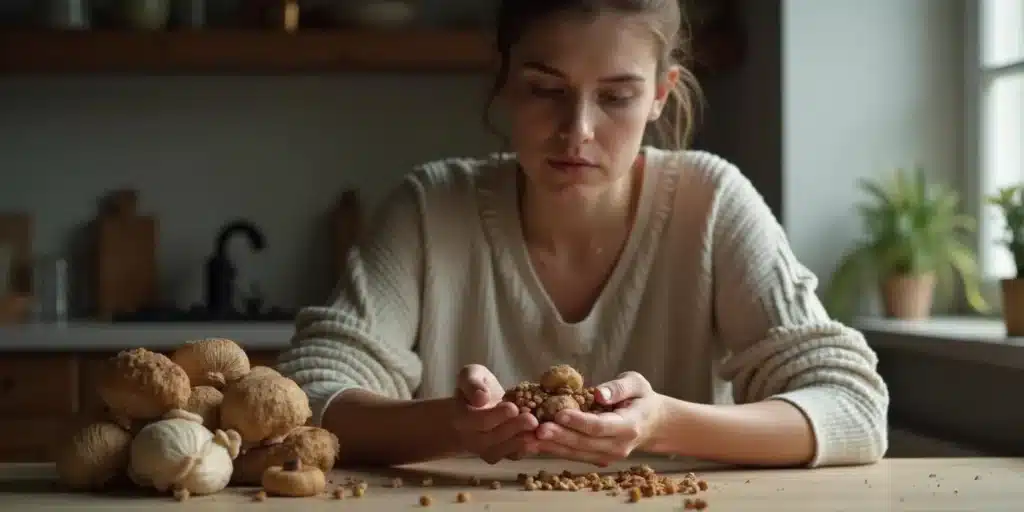 Woman holding mushrooms thoughtfully, exploring how long shrooms take to kick in.