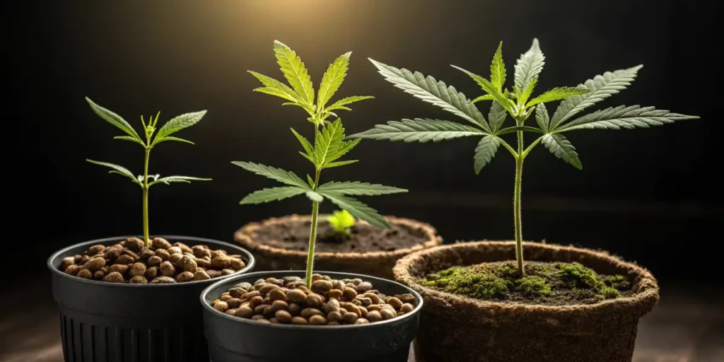 Four young cannabis plants in various growth stages, with different types of soil and containers.
