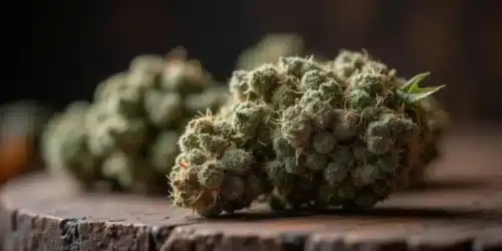 Premium black cannabis strain buds displayed on a rustic wooden surface.