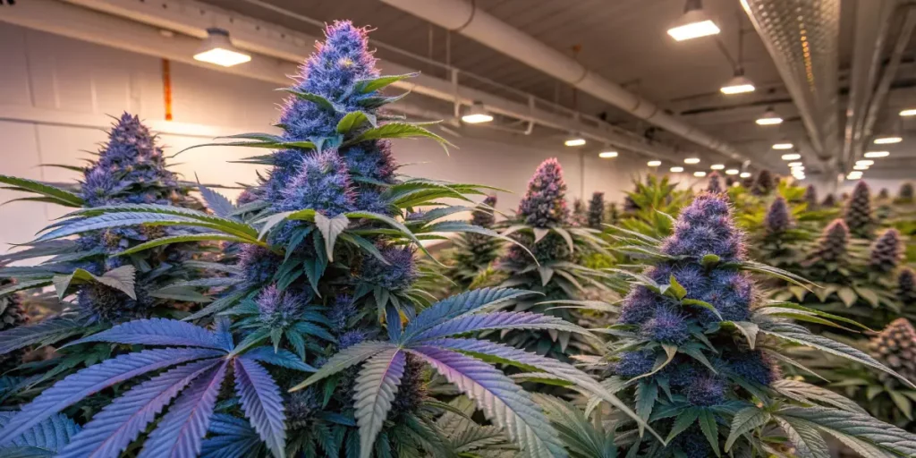 Blue Grape Flower cannabis buds with purple hues growing indoors under LED lights.