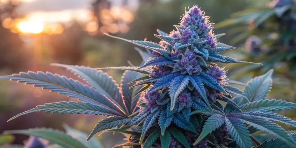 Blueberry cannabis plant outdoors glowing with purple trichomes at sunset.