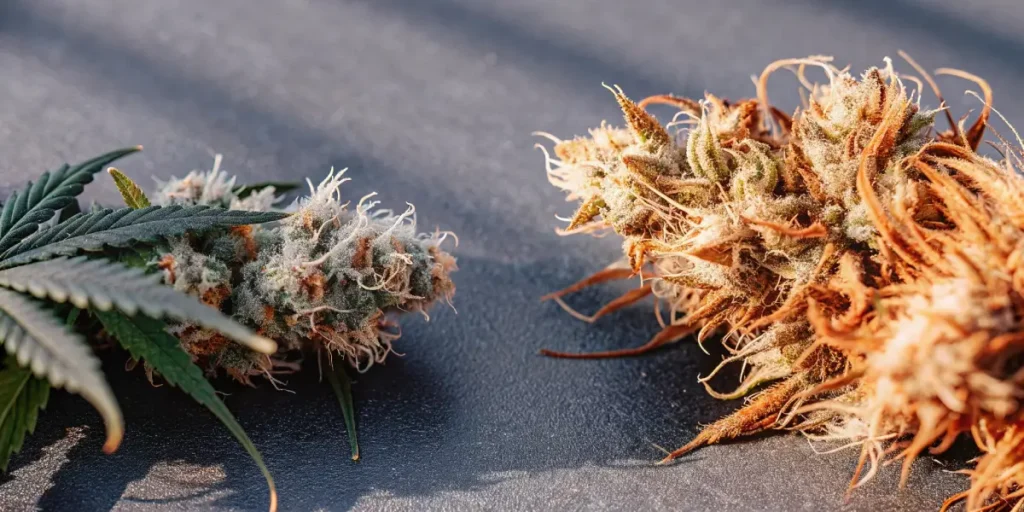 cannabis buds comparison: healthy vs. mold-infected buds on dark surface