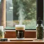 cannabis coffee bar setup with jars of sativa and indica strains, CBD oil, and THC cold brew