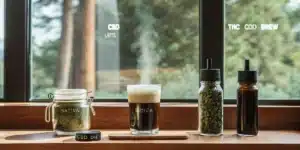 cannabis coffee bar setup with jars of sativa and indica strains, CBD oil, and THC cold brew