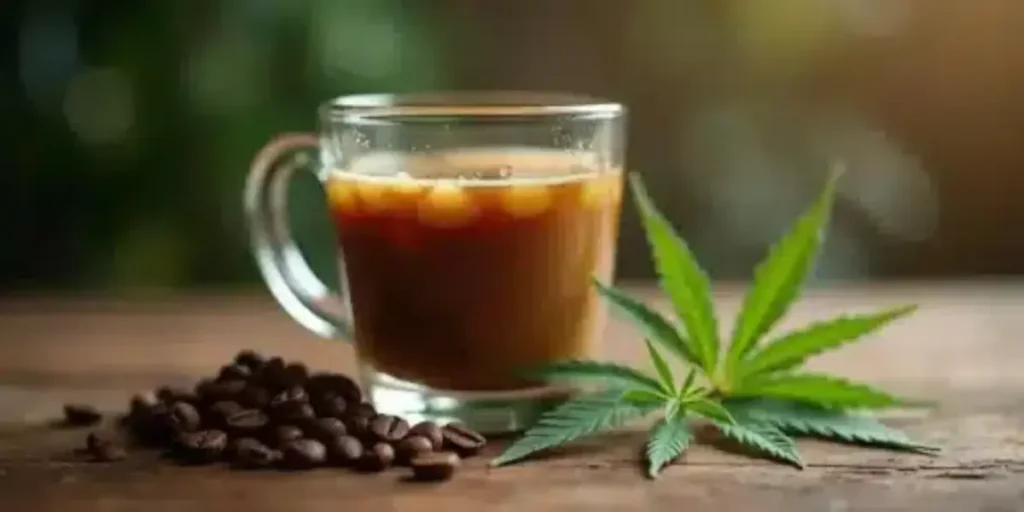 cup of cannabis coffee with roasted beans and fresh cannabis leaf