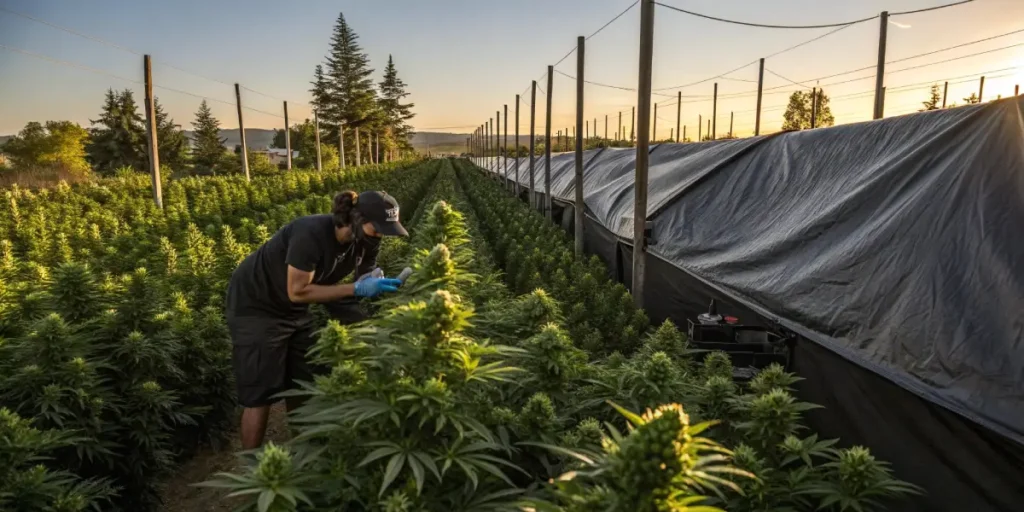 worker inspecting cannabis plants in a field using light deprivation method during golden hour