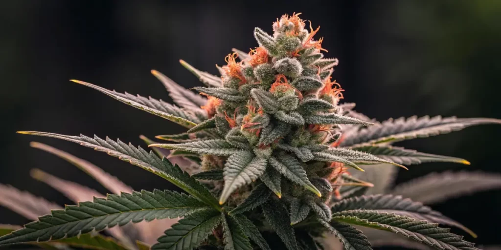 Cannabis plants growing in an indoor cultivation tent under intense red LED grow lights.