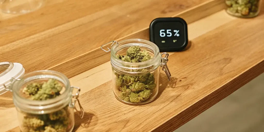 Small glass jars of cannabis buds with digital humidity meter on wooden shelf